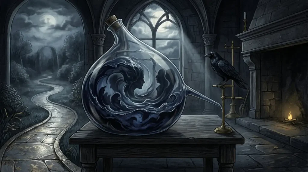 A glass flask of swirling dark water and a raven in a moonlit gothic chamber.