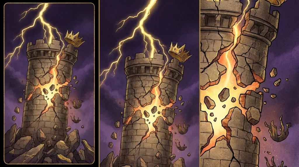 An ancient stone tower struck by lightning, cracking apart with a crown toppling under a purple sky.