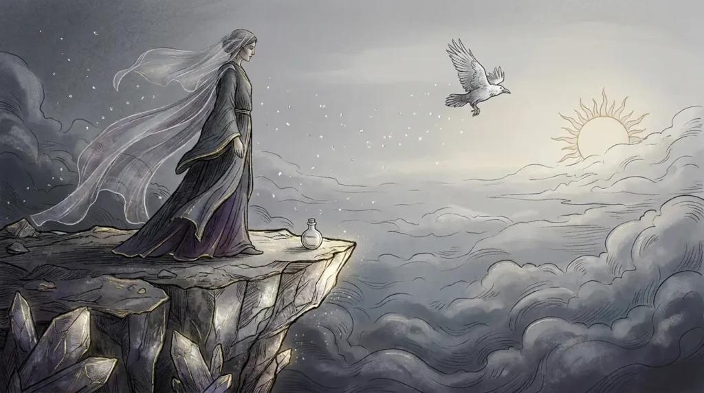 A robed figure stands at a cliff edge above the clouds as a white bird flies toward sunrise.