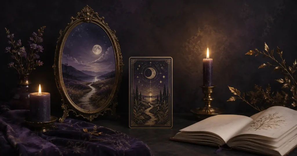 A moonlit tarot card, an ornate mirror, purple candles, and an open book on dark velvet.