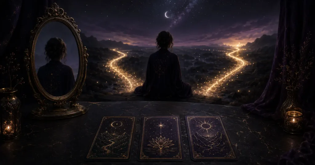 A figure faces two diverging glowing paths under a crescent moon, with three tarot cards below.