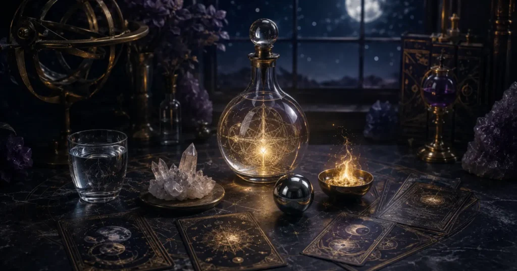 An alchemist's table with a glowing flask, crystals, a candle flame, and tarot cards by moonlight.