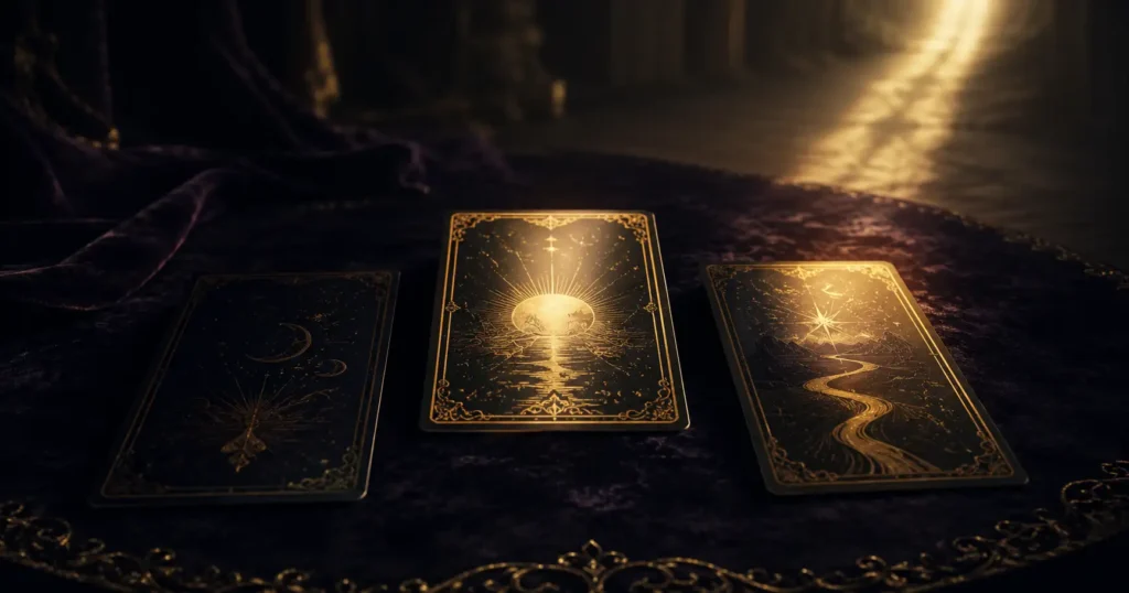 Three tarot cards with golden line art laid on dark velvet, lit by a soft shaft of light.