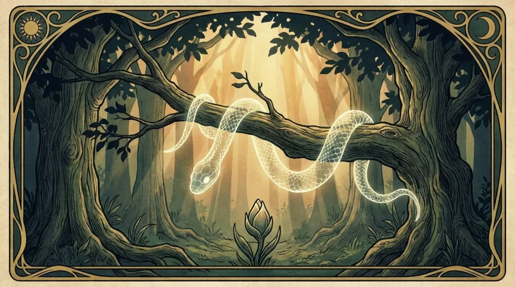 A glowing shed serpent skin draped over a branch in a sunlit forest, with a small sprouting bud.