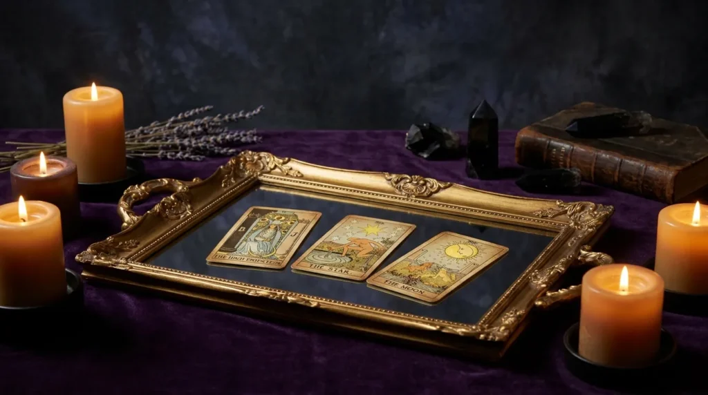 Three tarot cards resting on a gold-framed mirror among candles, crystals, and lavender on purple velvet.