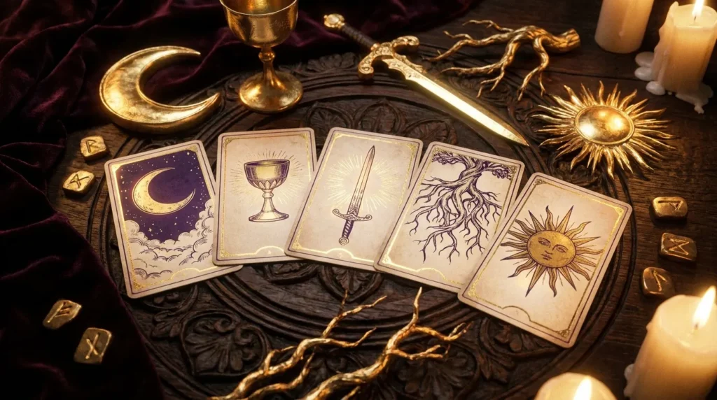 Five tarot cards showing moon, cup, sword, tree, and sun symbols on a carved altar with candles.