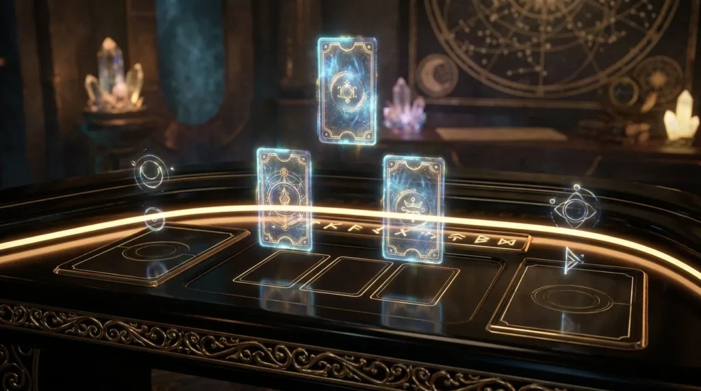 Three glowing holographic tarot cards floating above an ornate digital reading table with golden slots.