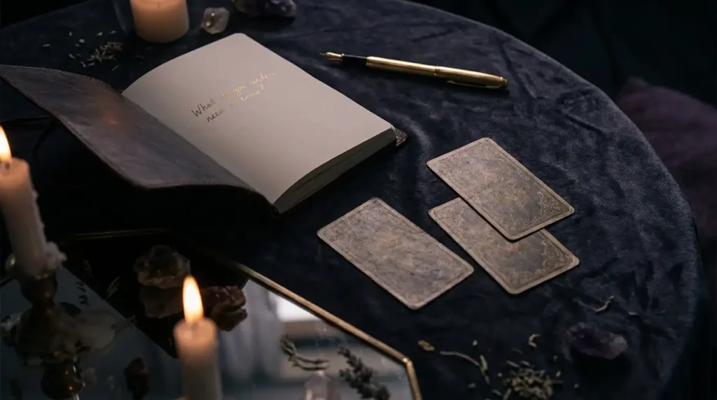 An open journal with a gold pen and three face-down tarot cards on dark velvet by candlelight.