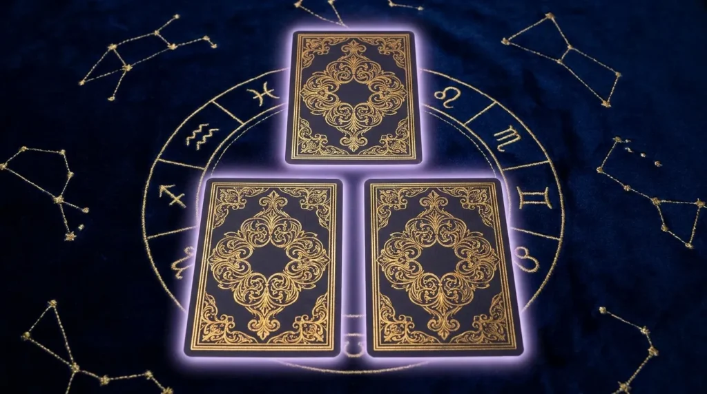 Three ornate face-down tarot cards in a triangular spread glowing over a golden zodiac wheel.