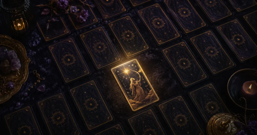 A grid of face-down tarot cards on a dark table with one central card glowing gold.