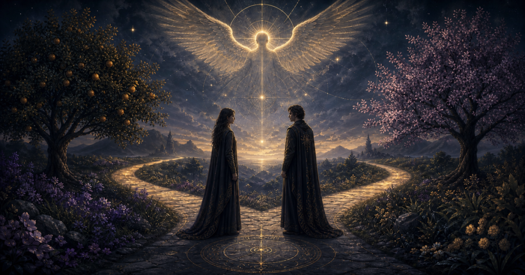 Two figures stand at a forked garden path beneath a radiant winged presence, framed by a blooming tree and a fruit tree.