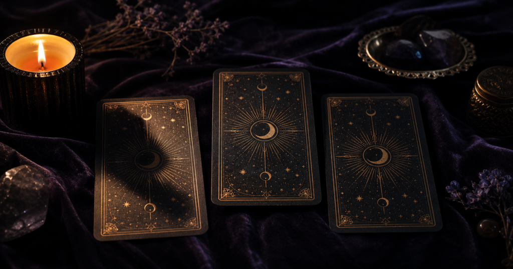 Three face-down tarot cards form a mountain-shaped spread on dark violet velvet, with candlelight gradually revealing the left card through a soft cloudlike shadow.