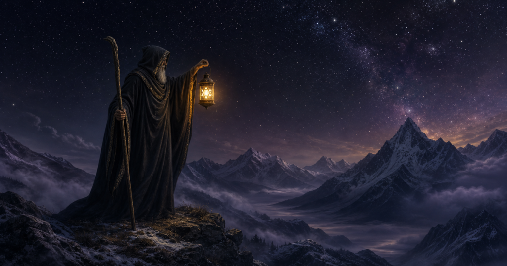 A cloaked figure on a misty mountain ridge lifts a six-pointed lantern and carries a walking staff.