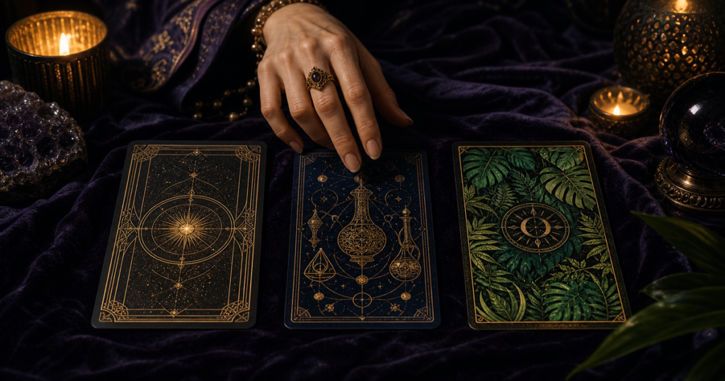 Three tarot card backs, one plain gold, one alchemical and one rainforest-inspired, lie fanned on dark velvet beneath a hovering hand.