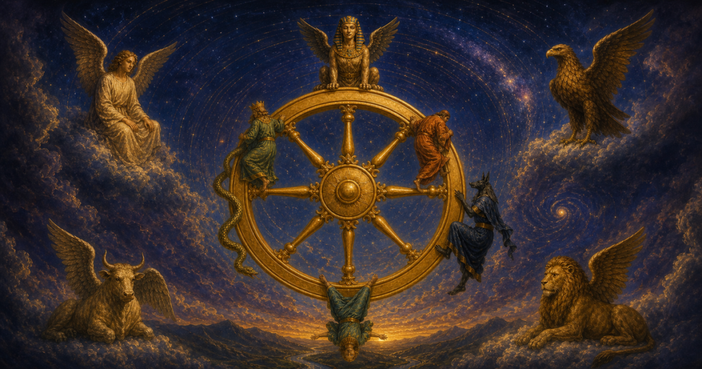 A great golden wheel turns in a starry night sky as small figures rise and descend along its sides.