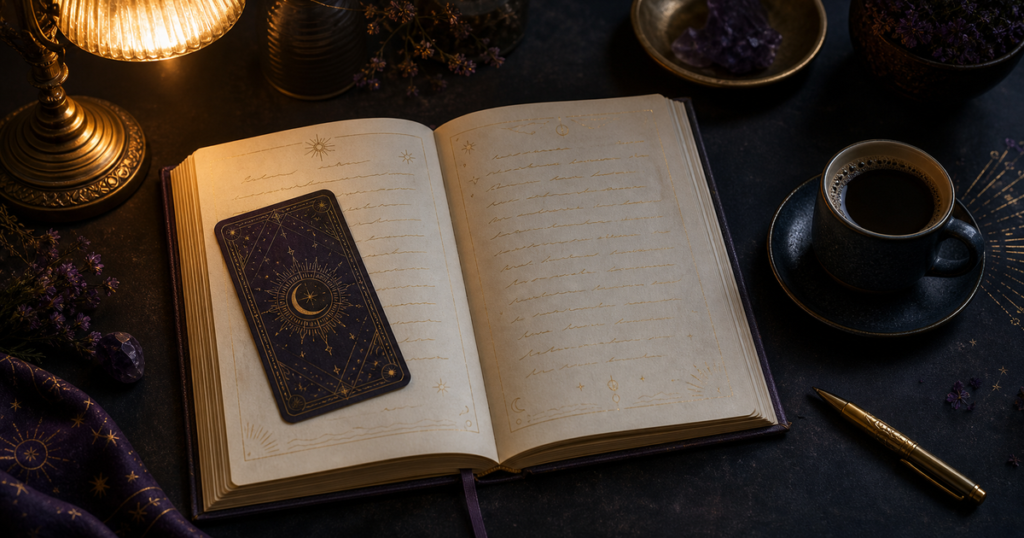 An open journal with softly glowing handwritten lines holds a tarot card like a bookmark beside coffee and a brass pen.
