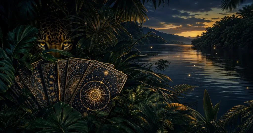 A fan of gold-detailed tarot cards emerges from rainforest foliage beside a dark river at dusk, while a jaguar peers through the leaves and fireflies glow above the water.