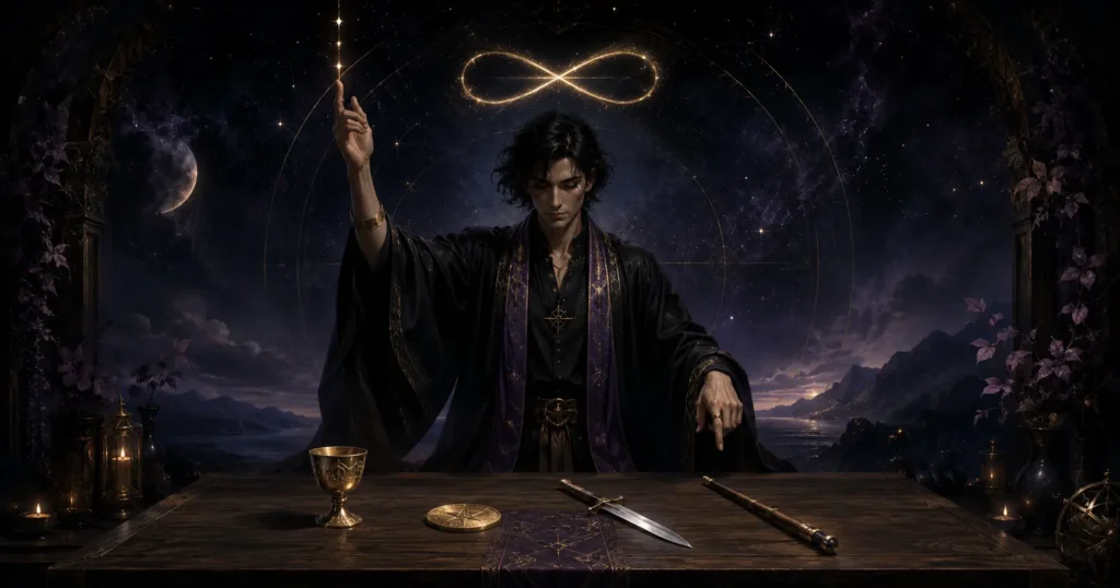 A mystical figure at a wooden table with a cup, coin, blade, and wand beneath a golden infinity symbol.