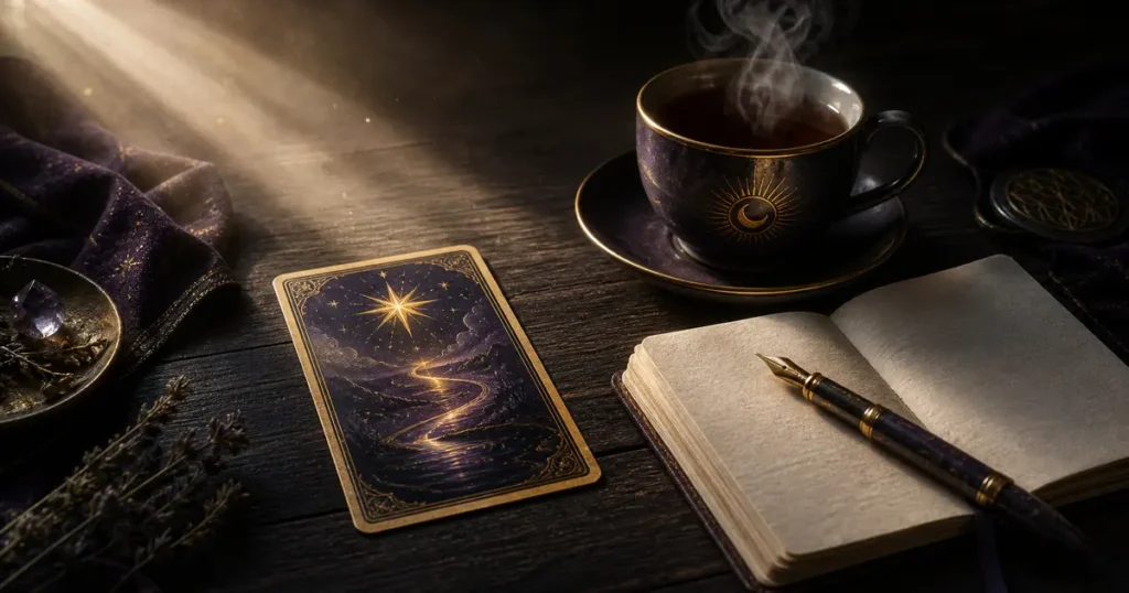 A single tarot card beside a steaming cup of tea and an open notebook on a dark wooden desk in soft morning light.