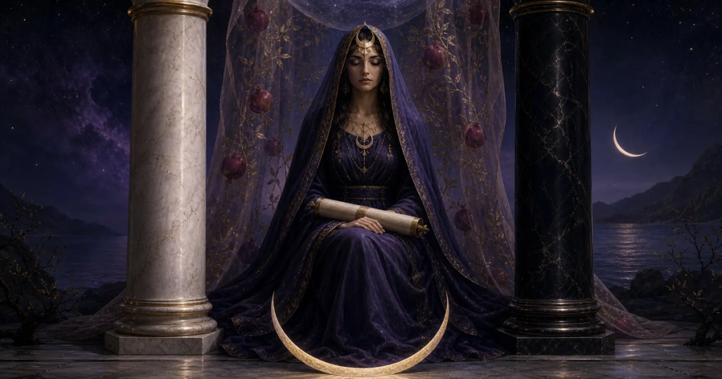 A veiled woman in deep violet sits between a pale marble column and a dark stone column, holding a scroll before a pomegranate-patterned veil, with a gold crescent moon at her feet.
