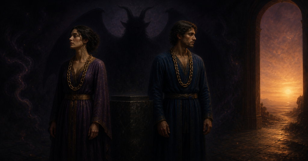 Two figures wear loose chains before a dark pedestal as a horned shadow rises behind them and dawn appears at the edge of the scene.