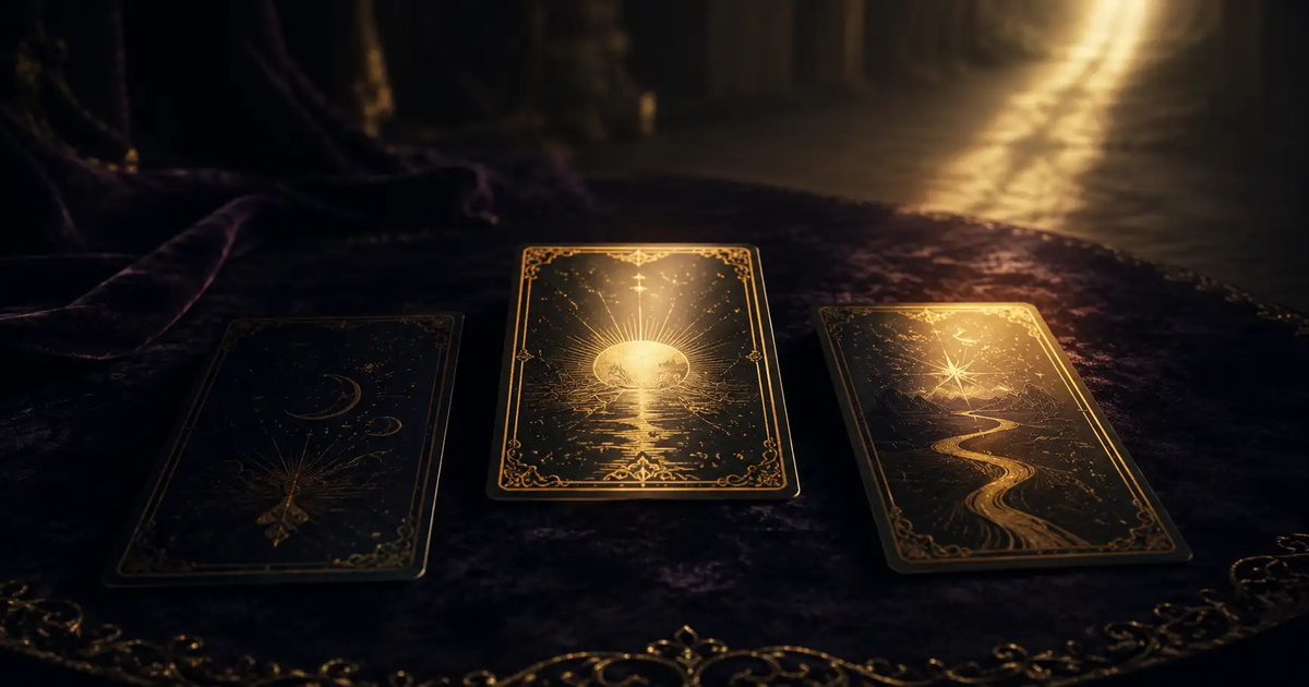 Three tarot cards with golden line art laid on dark velvet, lit by a soft shaft of light.