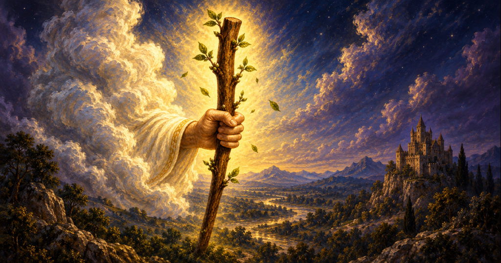 A hand emerges from a cloud holding a leafing wooden staff above a distant landscape and hilltop castle.