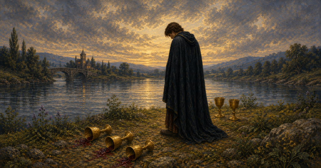 A cloaked figure looks toward three spilled golden cups while two upright cups, a river, stone bridge and lit house remain behind.
