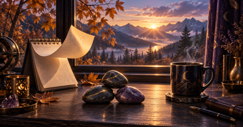 Three smooth stones sit on a desk by a dawn window as a calendar page turns above a steaming cup of coffee.