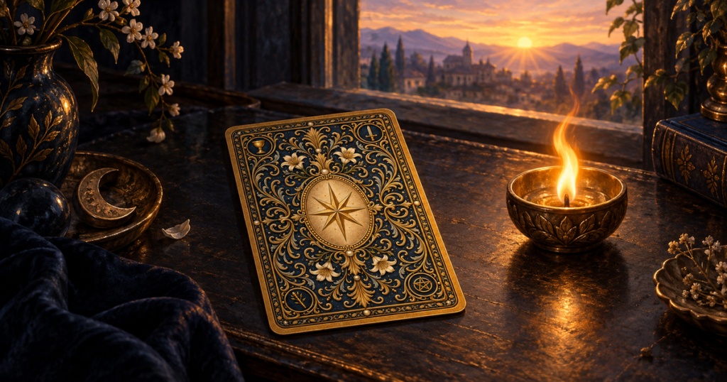 One face-down tarot card with the official dark-blue and gold PlayTarot back rests beside a small living flame while dawn enters through an open window.