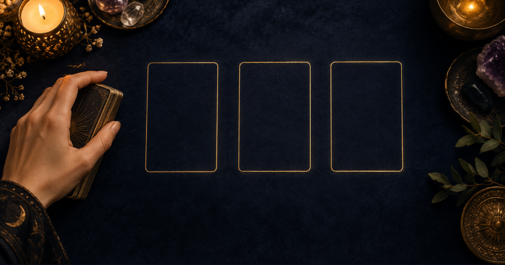 A dark digital tarot table shows three softly lit card positions while a hand prepares to begin the draw.