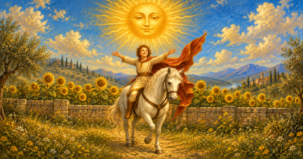 A child rides a white horse through tall sunflowers beneath a radiant sun, arms open in warm golden light.