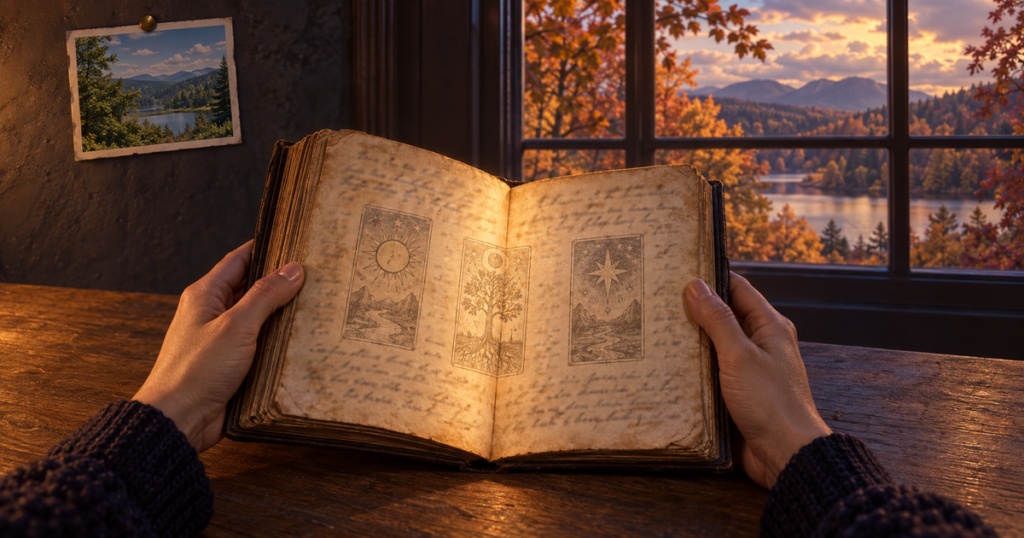 Hands hold an open journal with a glowing older page and faint tarot sketches beside a window showing a changed season.