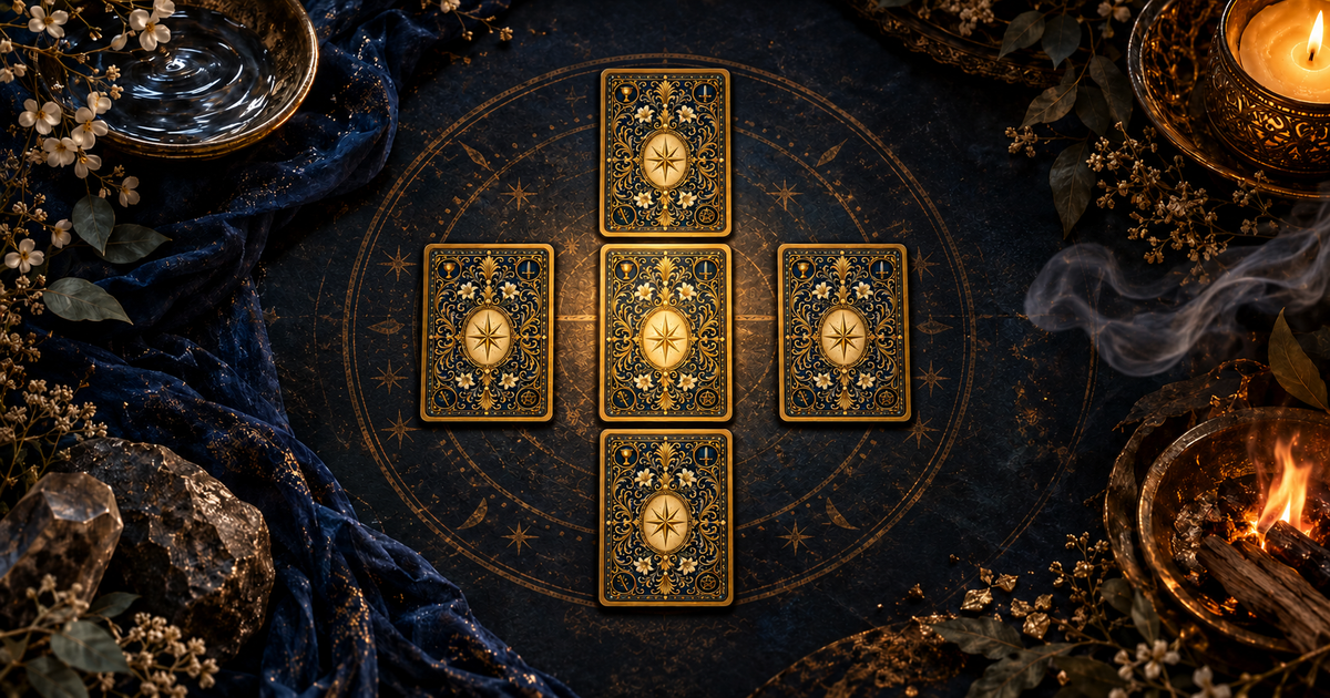 Five face-down tarot cards with the official dark-blue and gold PlayTarot back laid out in a cross, the center card softly lit, with faint hints of water, air, fire and earth around them.