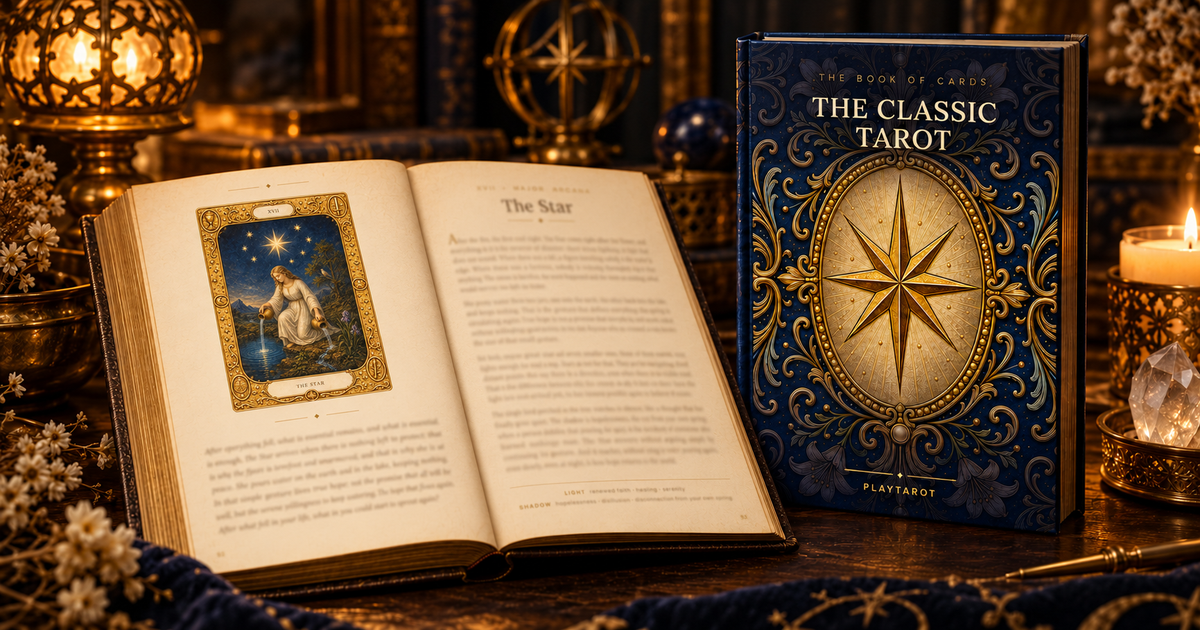 The cover of The Classic Tarot: The Book of Cards standing beside an open book that shows The Star card in full color, on a dark table in warm lamp light.
